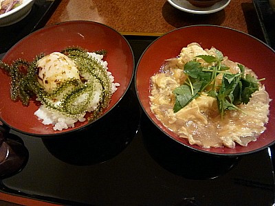 沖縄産豚卵とじご飯と海ぶどうもずく醤油ご飯